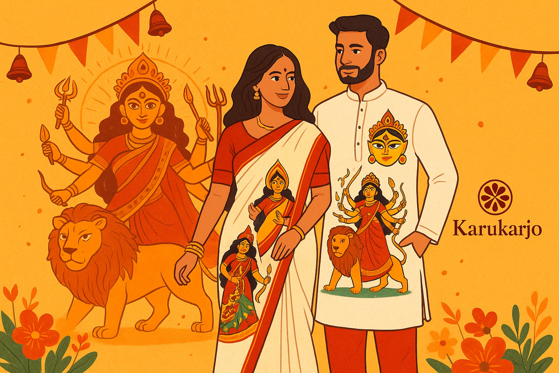 Celebrate Durga Puja in Style with Hand-Painted Panjabi & Saree Combos from Karukarjo