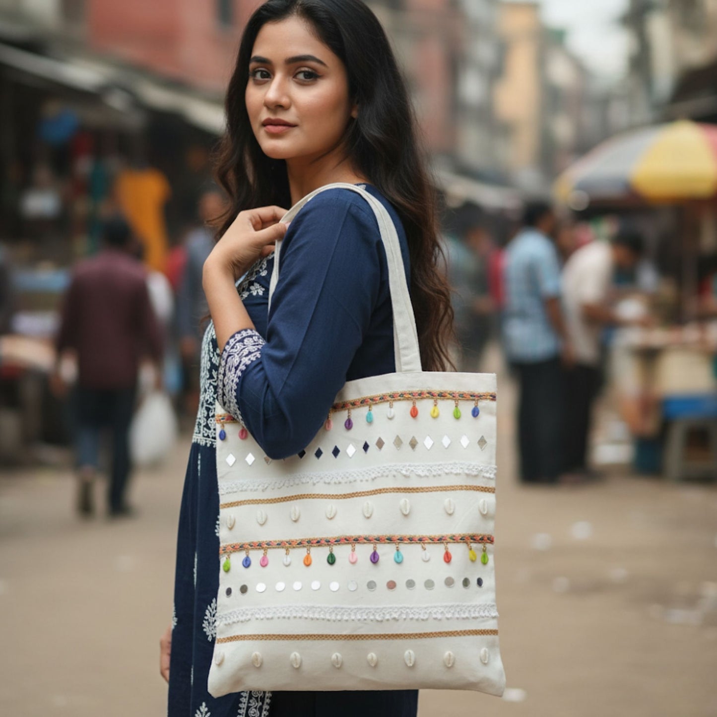 DesertGleam – Tote with Mirror & Shell Accents
