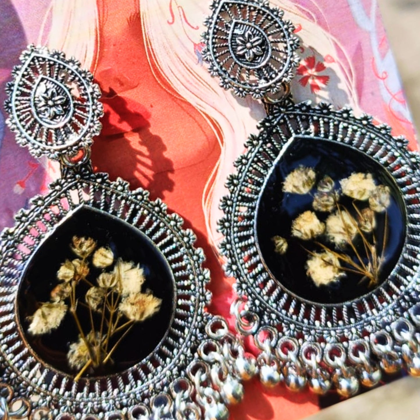 Kaajphool Resin Jhumka – Midnight Blooms in Resin