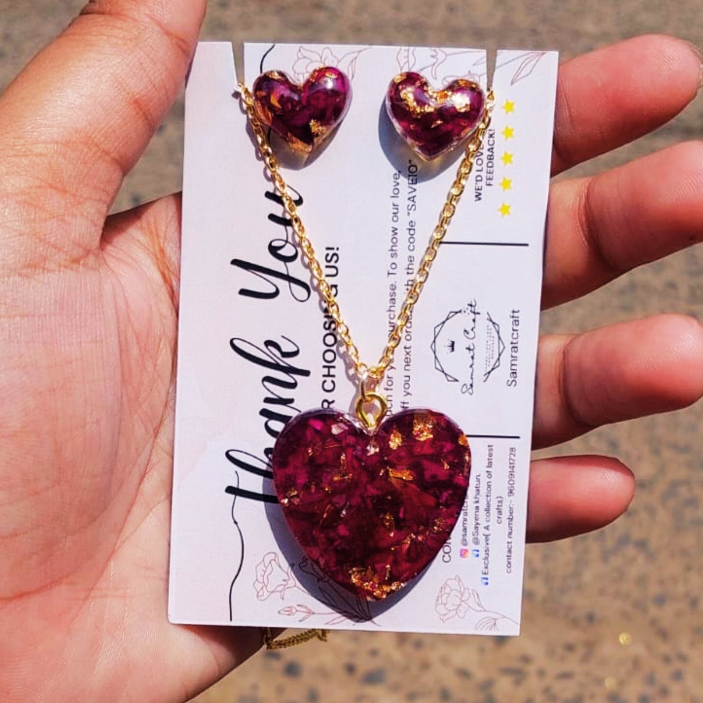Heart-Shaped Resin Pendant & Earrings