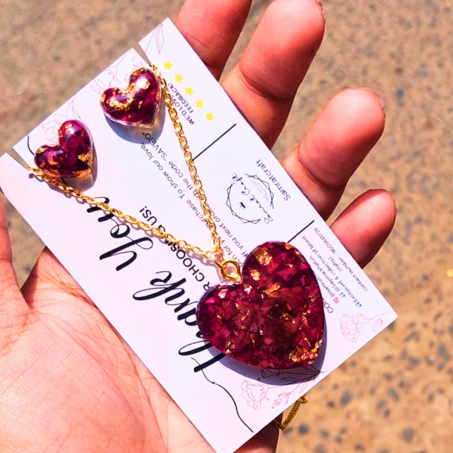 Heart-Shaped Resin Pendant & Earrings