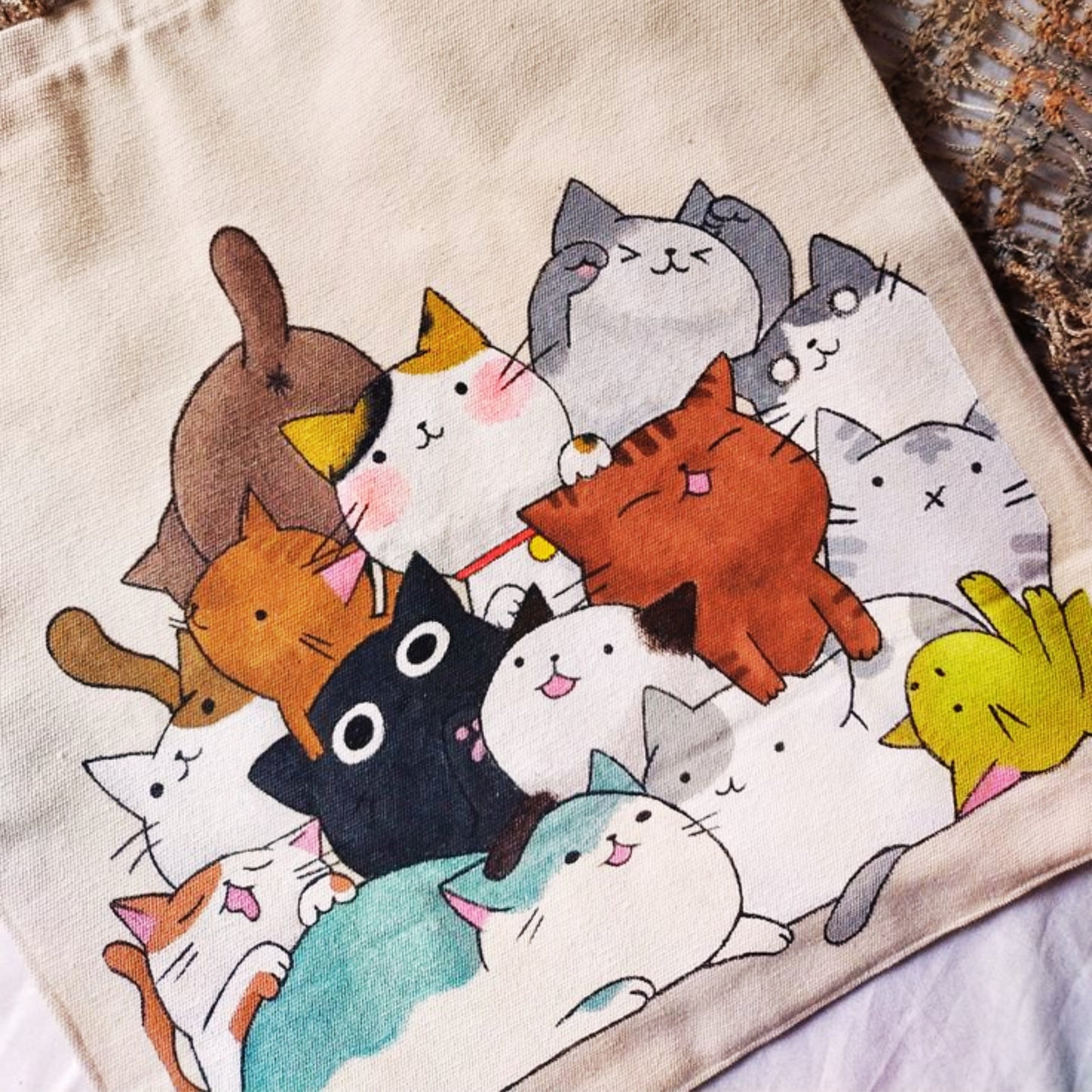 Meowtini Hand-Painted Cat Tote Bag