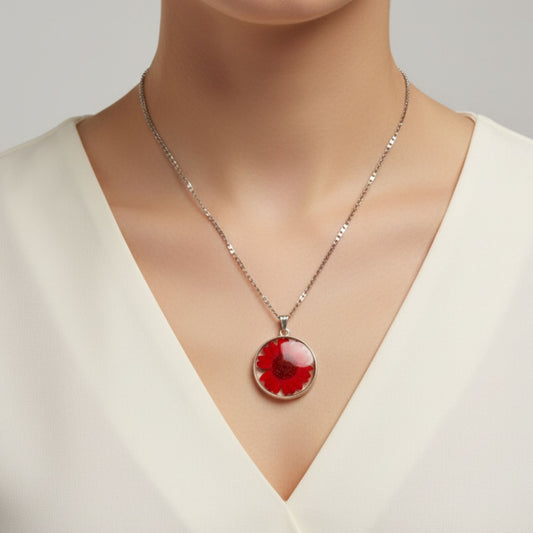 Raktagolap Pendant – Silver Frame with Red Bloom