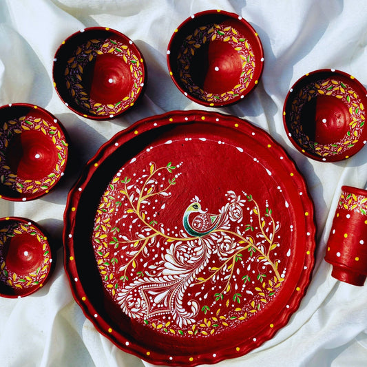 Peacock Motif Mitti Magic Dinnerware (Set of 7)