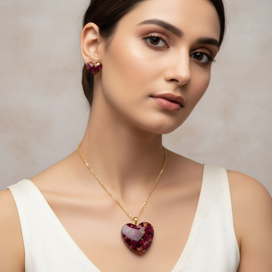 Heart-Shaped Resin Pendant & Earrings