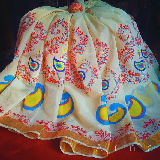 Vibrant Kalka Art – Off-White Saree